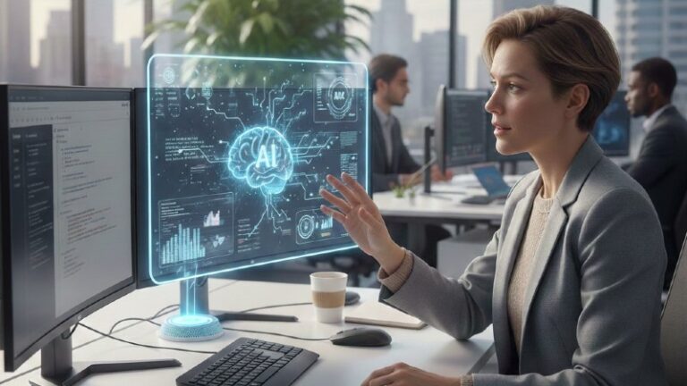 IA en tu negocio: Persona trabajando de forma híbrida con inteligencia artificial en una oficina moderna.